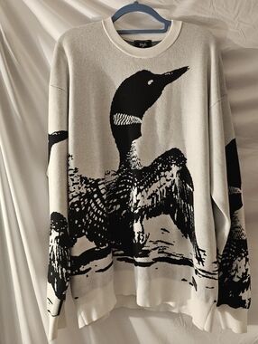 Waggle Loon Call Wildknit Crewneck Sweater Mens XL White Black Graphic Knit NWT